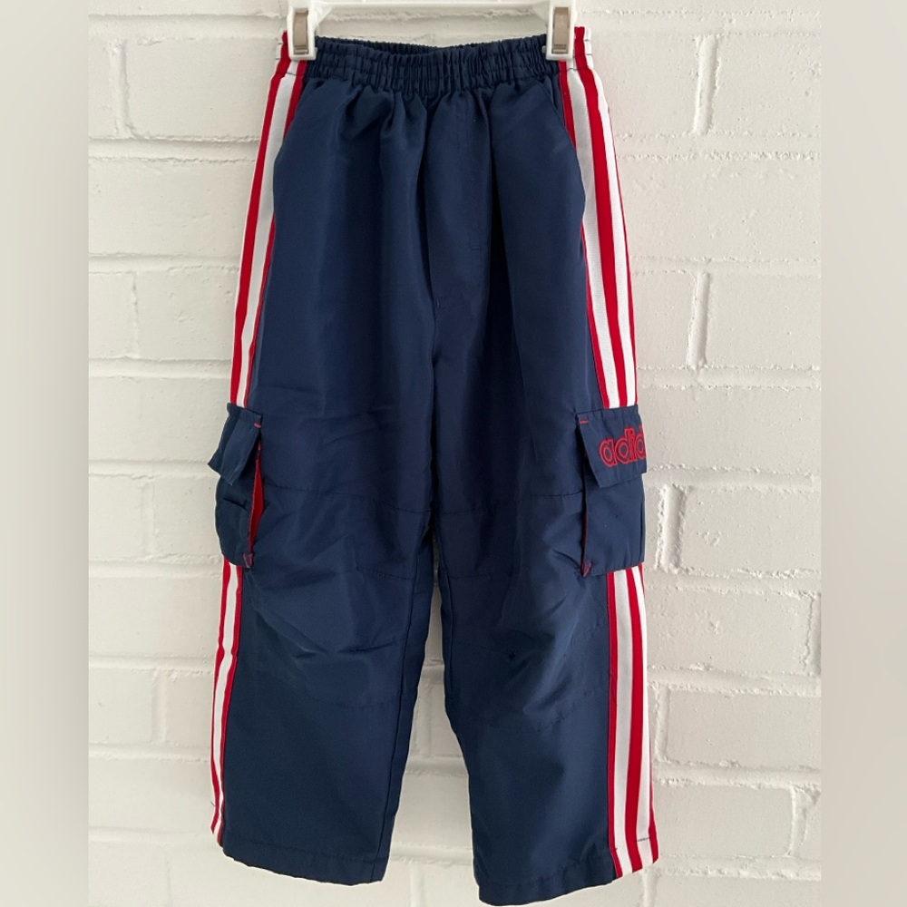 Boys Classic Adidas Navy Joggers with Red and White Stripes Size 4